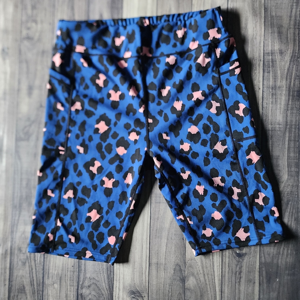 Women’s Blue Leopard Print Bike Shorts with Pink Accents
